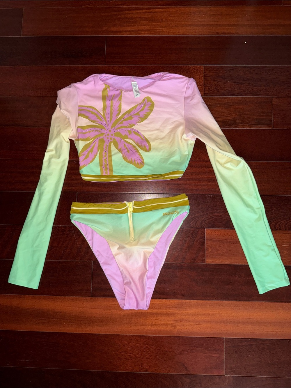 Maaji Gradient Long-Sleeve Bikini Set in Pink, Green & Gold